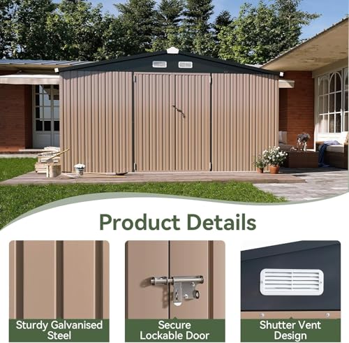 Aoxun 10 x 12FT Outdoor Storage Shed with Double Hinged Large Door Utility Garden Shed with Lockable Door & Sloped Roof Metal Sheds Outdoor Storage for Garden, Backyard, Patio and Backyard, Brown