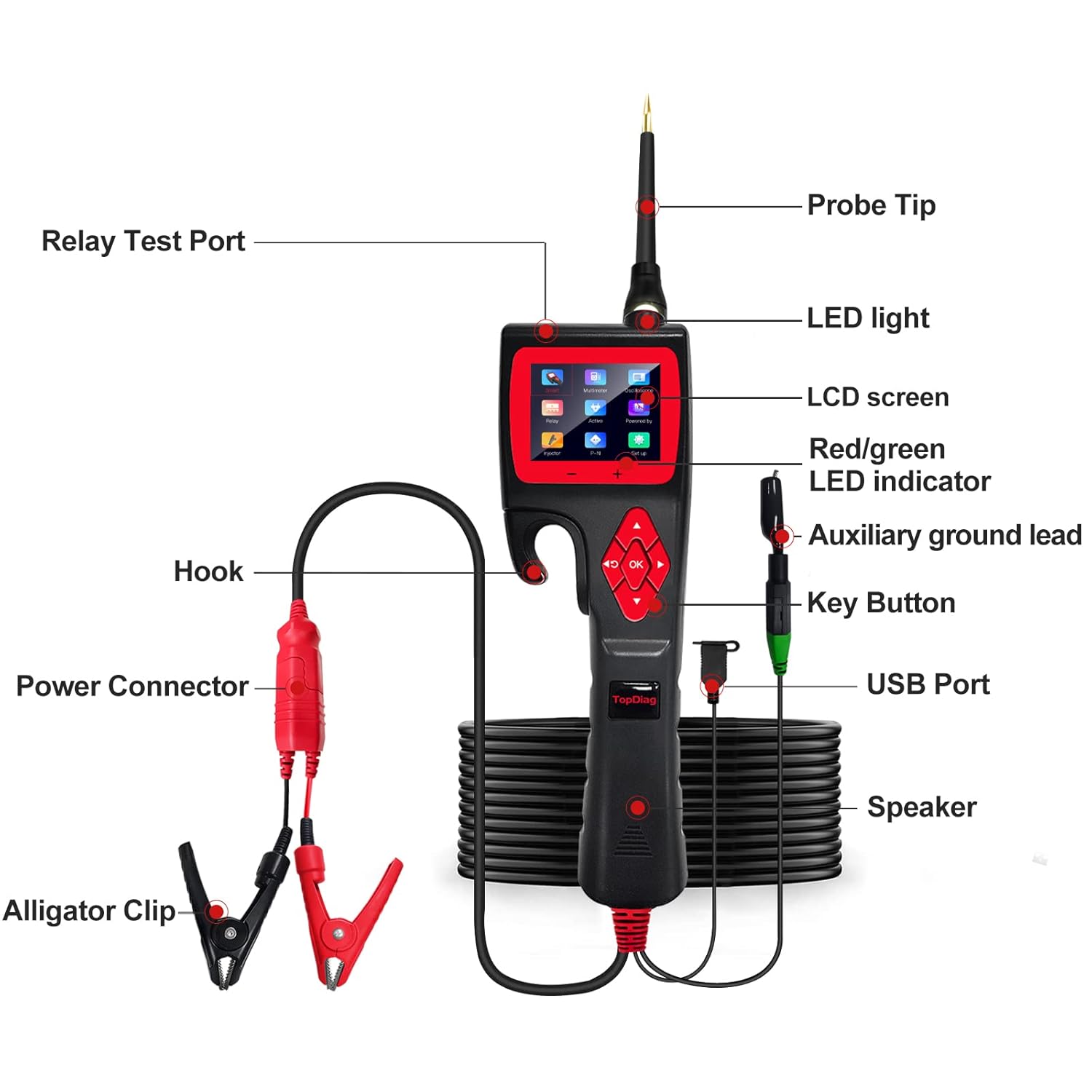 TopDiag P200 Automotive Circuit Tester, Power Circuit Probe Kit, 9~30V with Multimeter/Relay/Fuel Injector Tester/Activating Component/0~5V Power with 20ft Cable for 12V 24V Vehicle