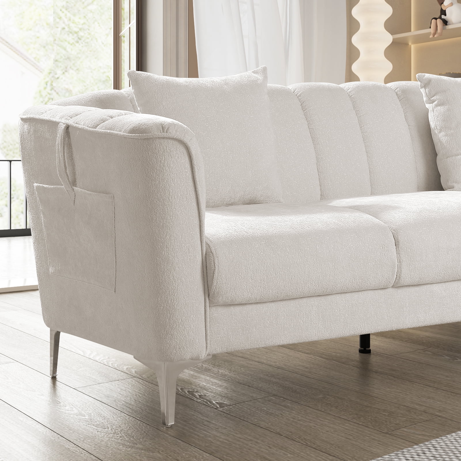 Homfa White Sofa and Couch, 77.2" Modern Chenille Couch with Armrests, Wood Sofa with Pocket and Stainless Steel Legs