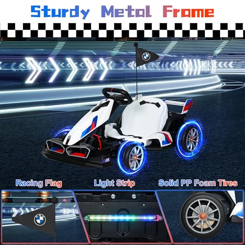 Licensed BMW Electric Go Kart for Kids Ages 6-12, 24V 9AH Drift Kart with Two 200W Motors, LED Lights, Drift Mode& 2 Speed Modes, Adjustable Seat (White)