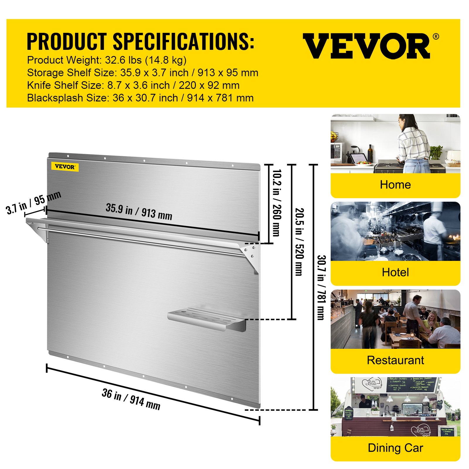 Vevor  36 x 30.7 in. Range Backsplash with Shelf Range Hood Wall Shield, Stainless Steel Backsplash Silver Splash Plate