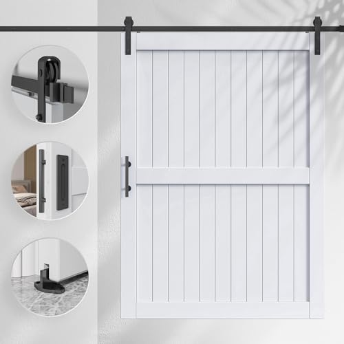 EaseLife 54 x 84 inch White Barn Door with 9FT Sliding Door Hardware Kit Included & Handle,Solid Wood Covered with Waterproof PVC Surface,DIY Assemblely,Easy Install,H-Frame,Fit 50-52in Wide Opening