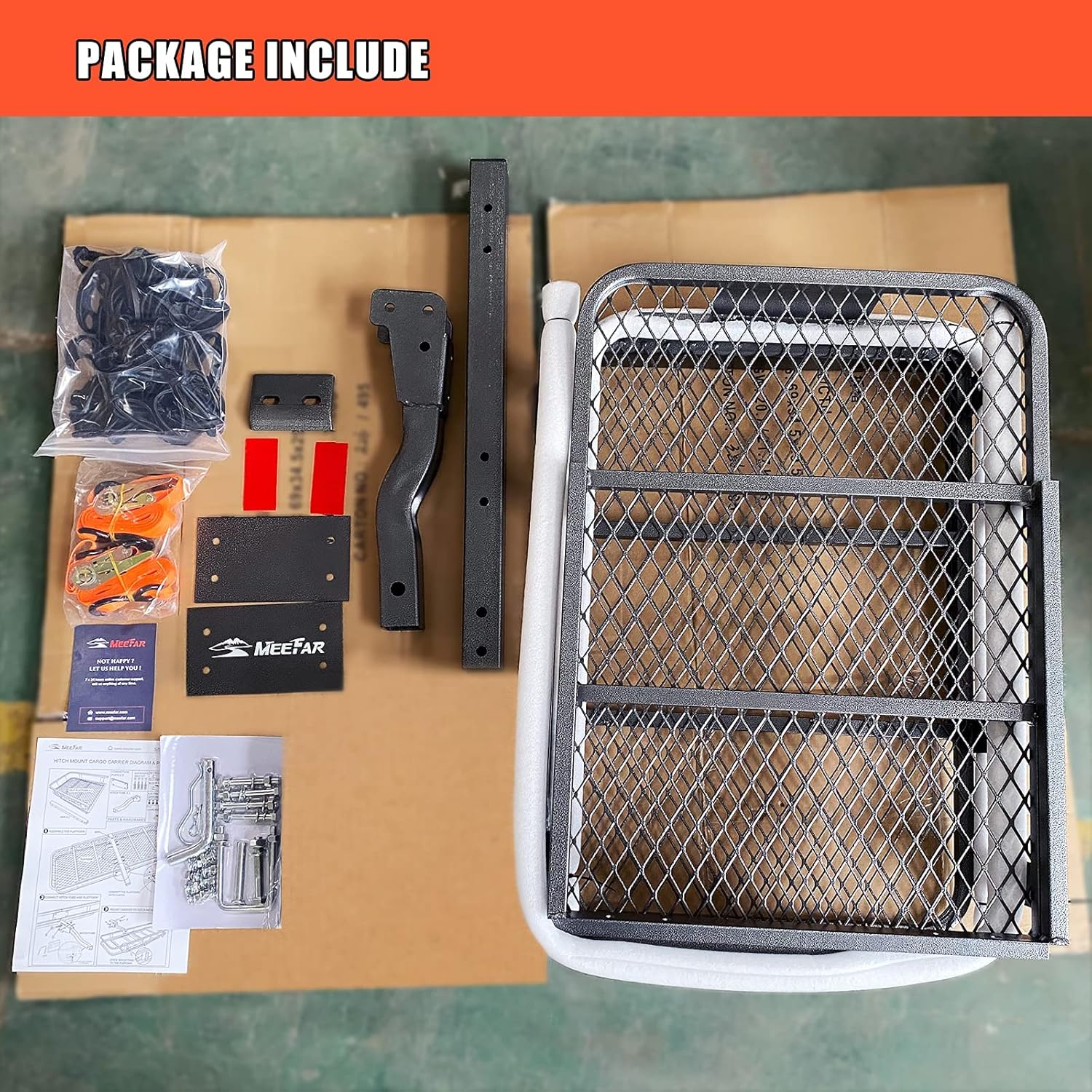 MeeFar Folding Hitch Mount Cargo Carrier Basket 60" X 20" X 6", Hauling Weight Capacity of 500 Lbs and A Folding Arm. with Hitch Stabilizer, Net and Straps