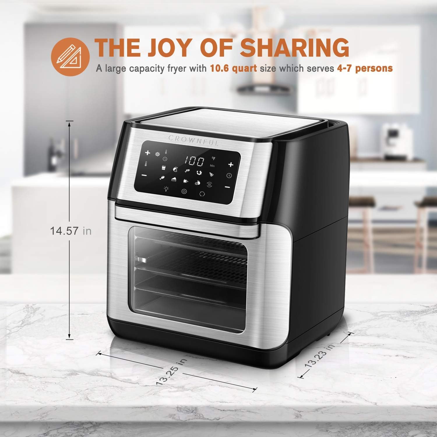 CROWNFUL 10.6 Quart Air Fryer, 10-in-1 Air Fryer Toaster Oven, Convection Roaster with Rotisserie and Dehydrator, Digital LCD Touch Screen, Accessories and Recipe Included