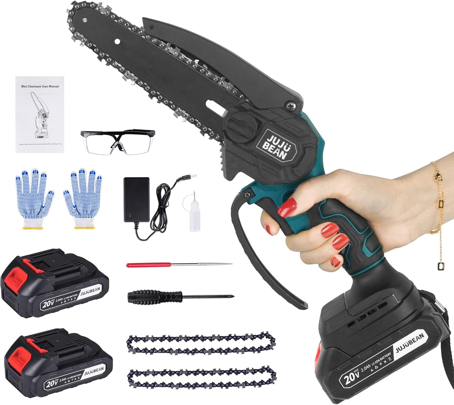 Mini Chainsaw 6 Inch Cordless, Battery Chainsaw with Charger, Handheld Chainsaw of Lightweight, Electric Chainsaw as Tree Trimmer Branch Cutter (2 Rechargeable Batteries Included)