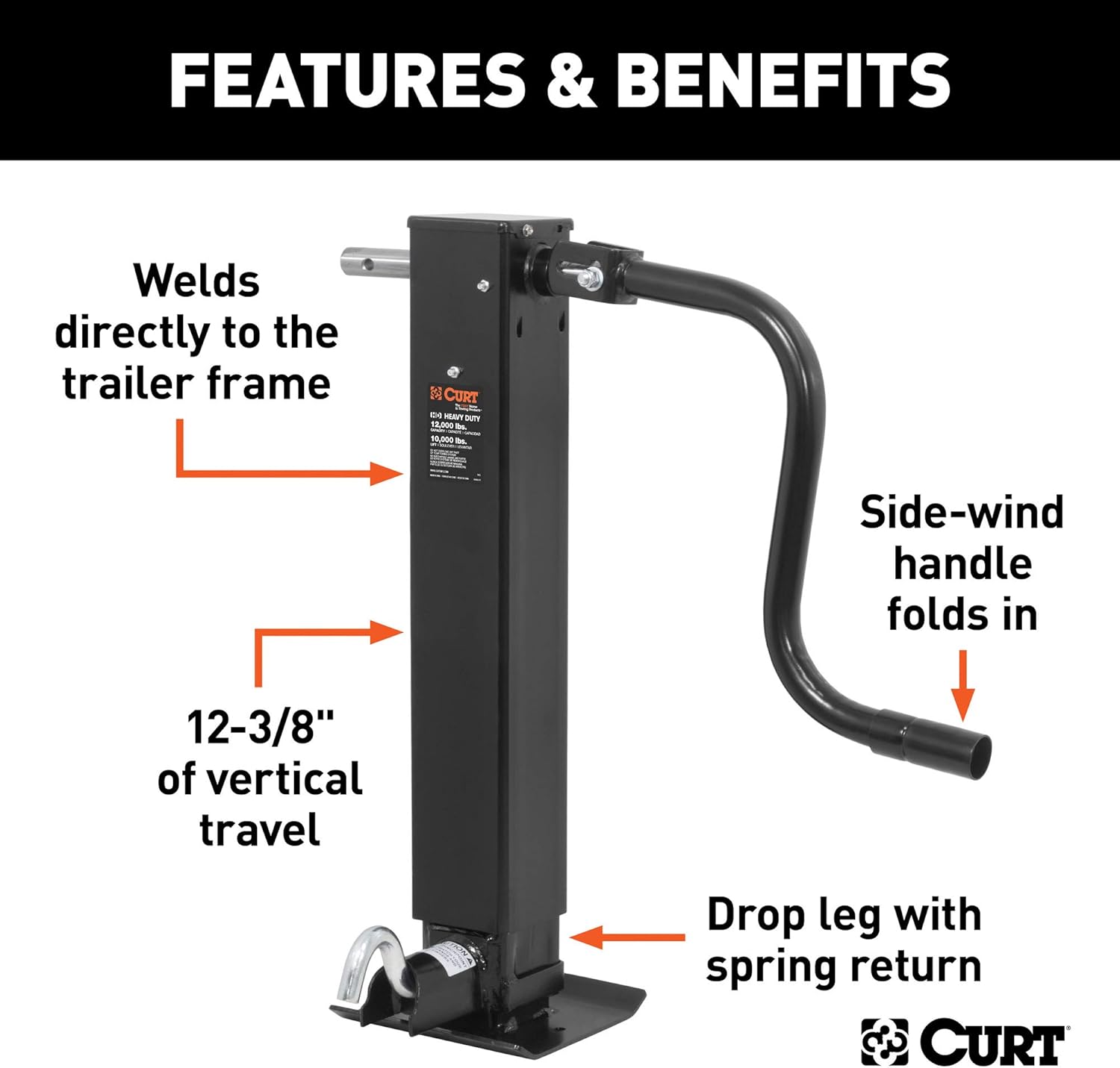 CURT 28512 Direct Weld On Heavy-Duty Trailer Jack, 12,000 lbs. 12-3/8 Inches Vertical Travel