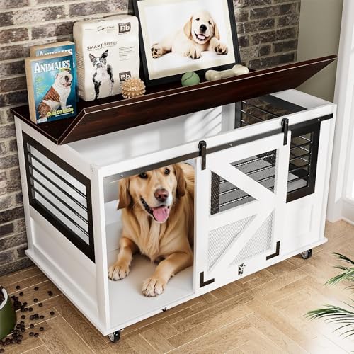 48'' Dog Crate Furniture with Removable Divider & Storage Drawers, Wooden Double Dog Cage TV Stand with 2 Sliding Barn Doors, Multi-Functional Dog Crate End Table for Indoor use (White)