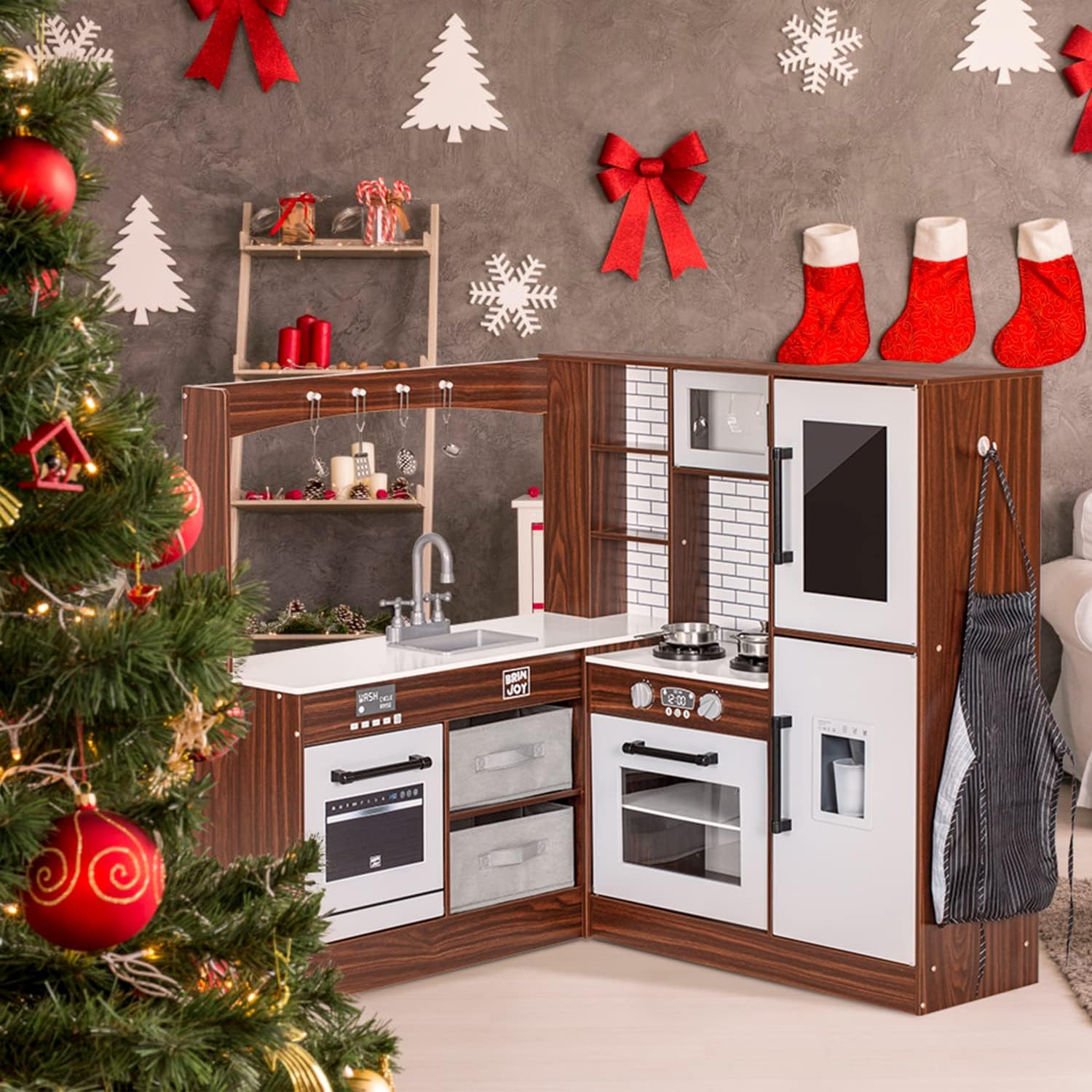 Corner Play Kitchen for Kids, Wooden Toddler Kitchen Playset w/Faucet, Sink, Microwave, Oven, Apron, Blackboard, Storage Cabinets, Pretend Cooking Toys w/Sound & Light Gift for Ages 3+