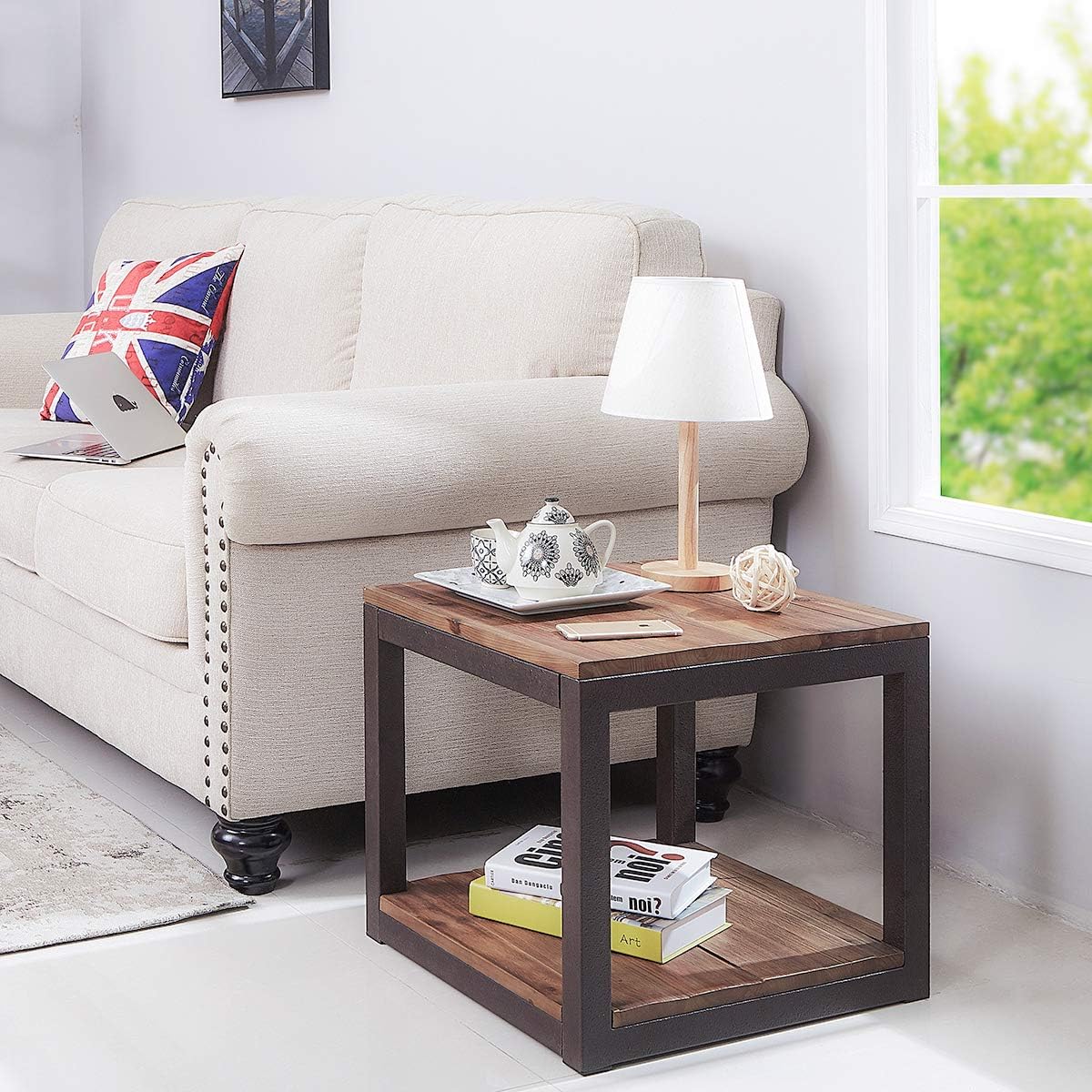 Care Royal Vintage Industrial Farmhouse 19.7 inches Side End Table with Storage Shelf for Living Room, Night Stand Bedroom, Real Natural Reclaimed Wood, Sturdy Rustic Brown Metal Frame, Easy Assembly