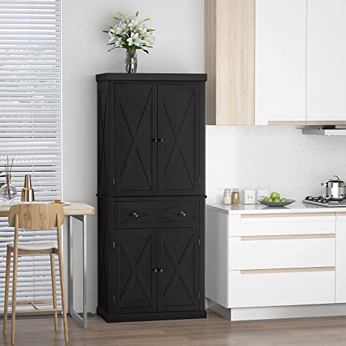 HOMCOM 72" Kitchen Pantry Storage Cabinet, Traditional Freestanding Cupboard with 4 Doors and 3 Adjustable Shelves, Large Central Drawer, X-Frame, White