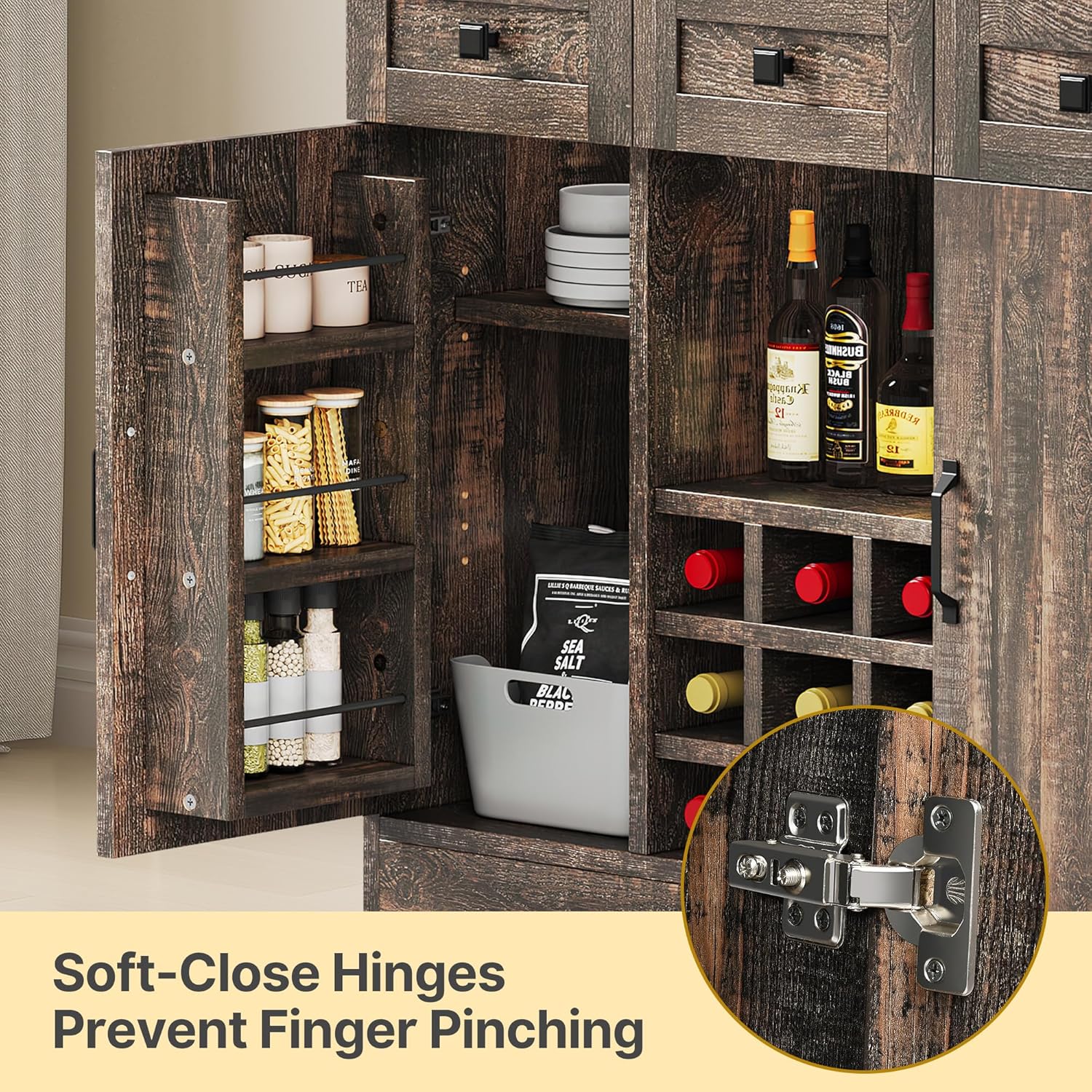 DWVO 72'' Kitchen Pantry Storage Cabinet with Lights, Microwave Stand Tall Traditional Home Bar Cabinet with Power Outlet, Hutch Pantry Buffet Cupboard with Drawers and Doors, Dark Rustic Oak