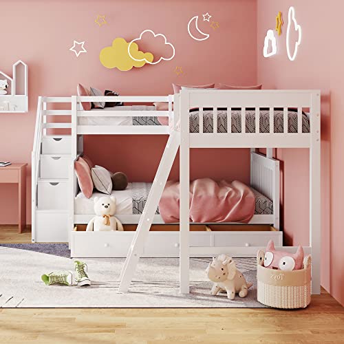 Twin over Full Triple Bunk Bed with Drawers and Stairway, L-Shaped Bunk Bed and Loft Bed Combo with Storage Compartment for 3, Ideal for Extended Family or Dorm (Espresso)