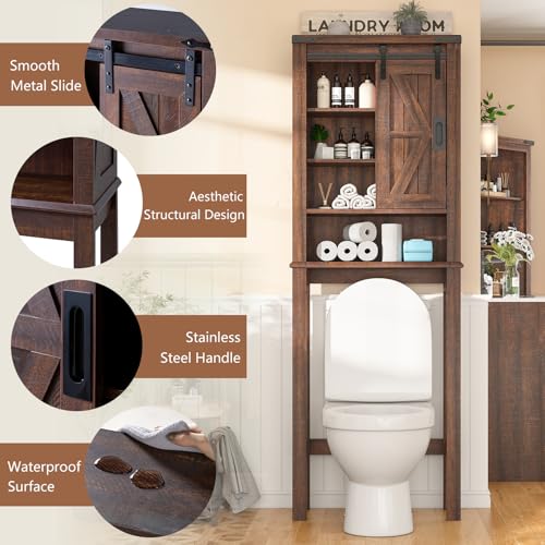 Farmhouse Over The Toilet Storage Cabinet, 68" Tall Bathroom Storage Cabinet with Sliding Barn Door & Adjustable Shelves, Above Toilet Storage for Bathroom, Laundry Room, Rustic Oak & White