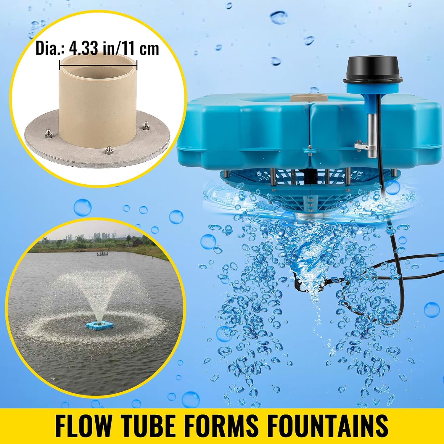 VEVOR Lake Fountains with 110V 1/2 HP Motor Aerating Pond Fountain with 50ft Cord Large Pond Aerator with Flow Tube Pond Fountains and Aerators for Aeration, Destratification and Sediment Cleaning