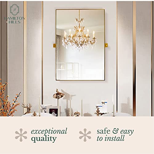 Hamilton Hills 24x36 inch Gold Metal Framed Rectangular Pivot Mirror for Wall | Beveled Frame Vanity Mirror Wall Decor | Wall-Mounted Bedroom, Bathroom Mirror with Hinges Brackets Included