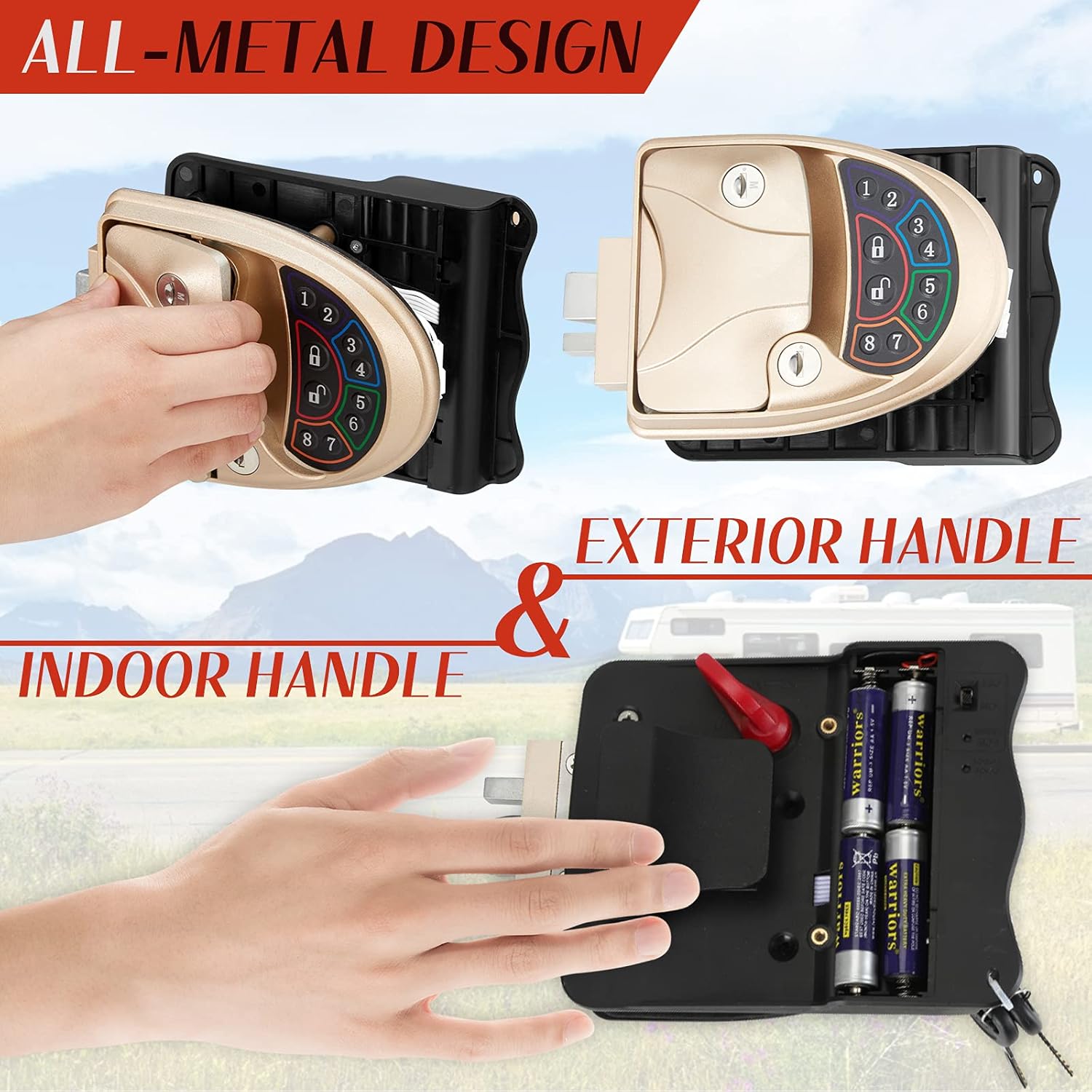 RV Door Lock Keyless Entry with Deadbolt, Zinc Alloy RV Door Latch with Two Wireless Remote Controllers, Handle Latch with Keypad & Fob 20m for RV Caravan Trailer Car Camper, RV Accessories