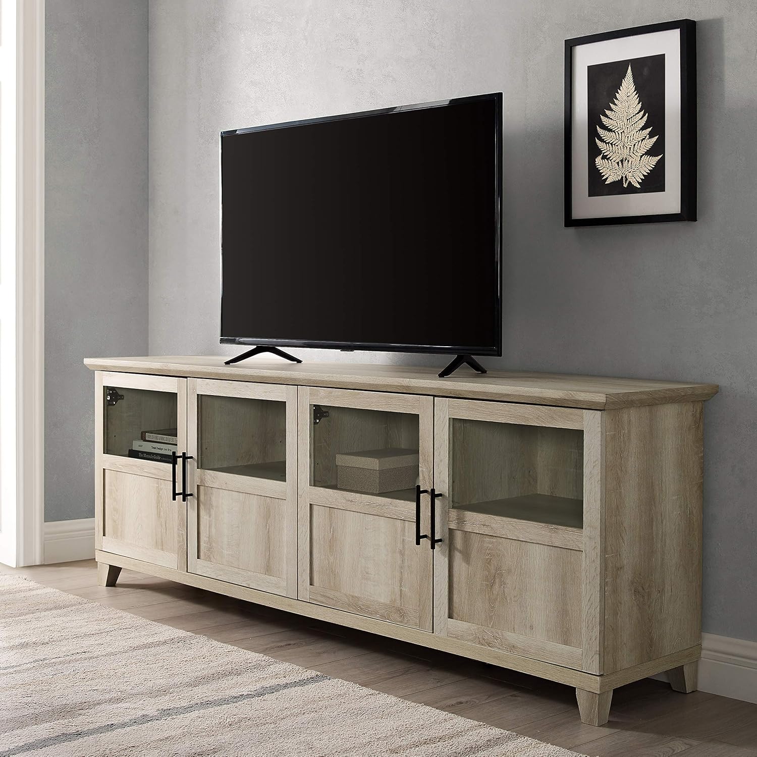 Walker Edison Farmhouse Glass and Wood TV Stand for TV's up to 80 Universal TV Stand for Flat Screen Living Room Storage Cabinets and Shelves Entertainment Center, 70 Inch, White Oak