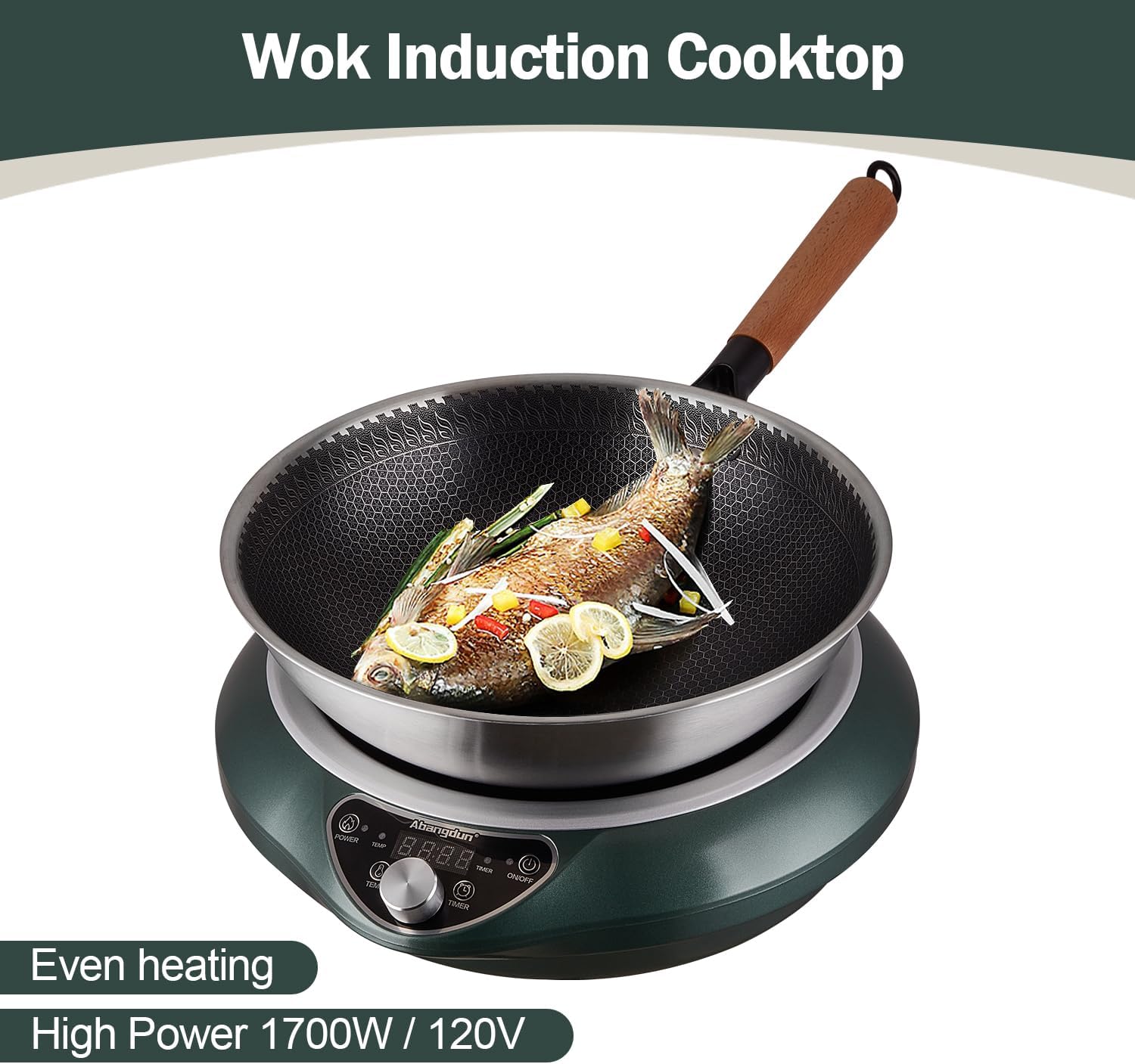 Induction Wok Cooktop 1700W 120V Concave Induction Cooker Wok Burner(Authentic 13.4-inch 304 Stainless Steel Cooking Wok Pan Included) Electric Stove Hot Plate with Large Coil