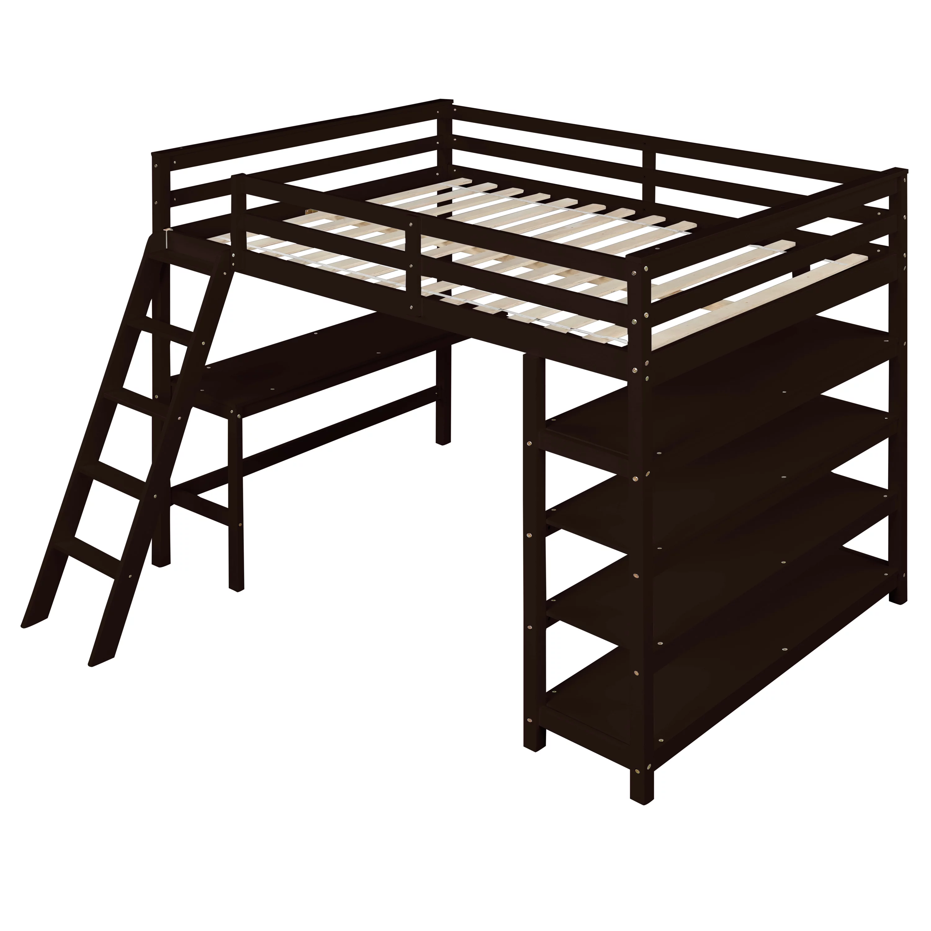 Wooden Full Loft Bed with Desk, Full Size Bunk Bed with 4 Tier Storage Shelves, Workstation Desk, Safety Rail, Wider Ladder for Kids Teens Adults, Space Saving Design, No Spring Box needed, Espresso