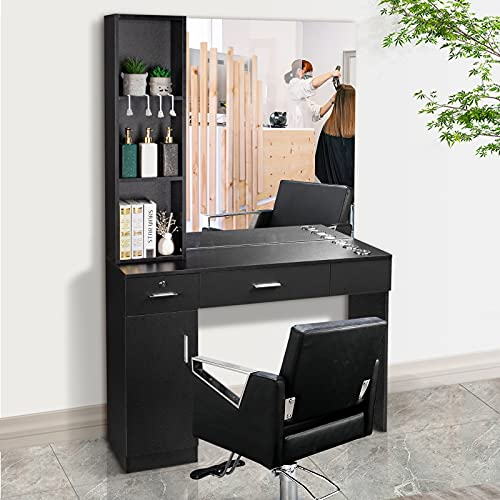 Barber Station Wall Mount Salon Hair Styling Beauty Spa Equipment w/Mirror, 2 Drawers, 1 Storage Cabinet, 3 Open Shelves (Black)