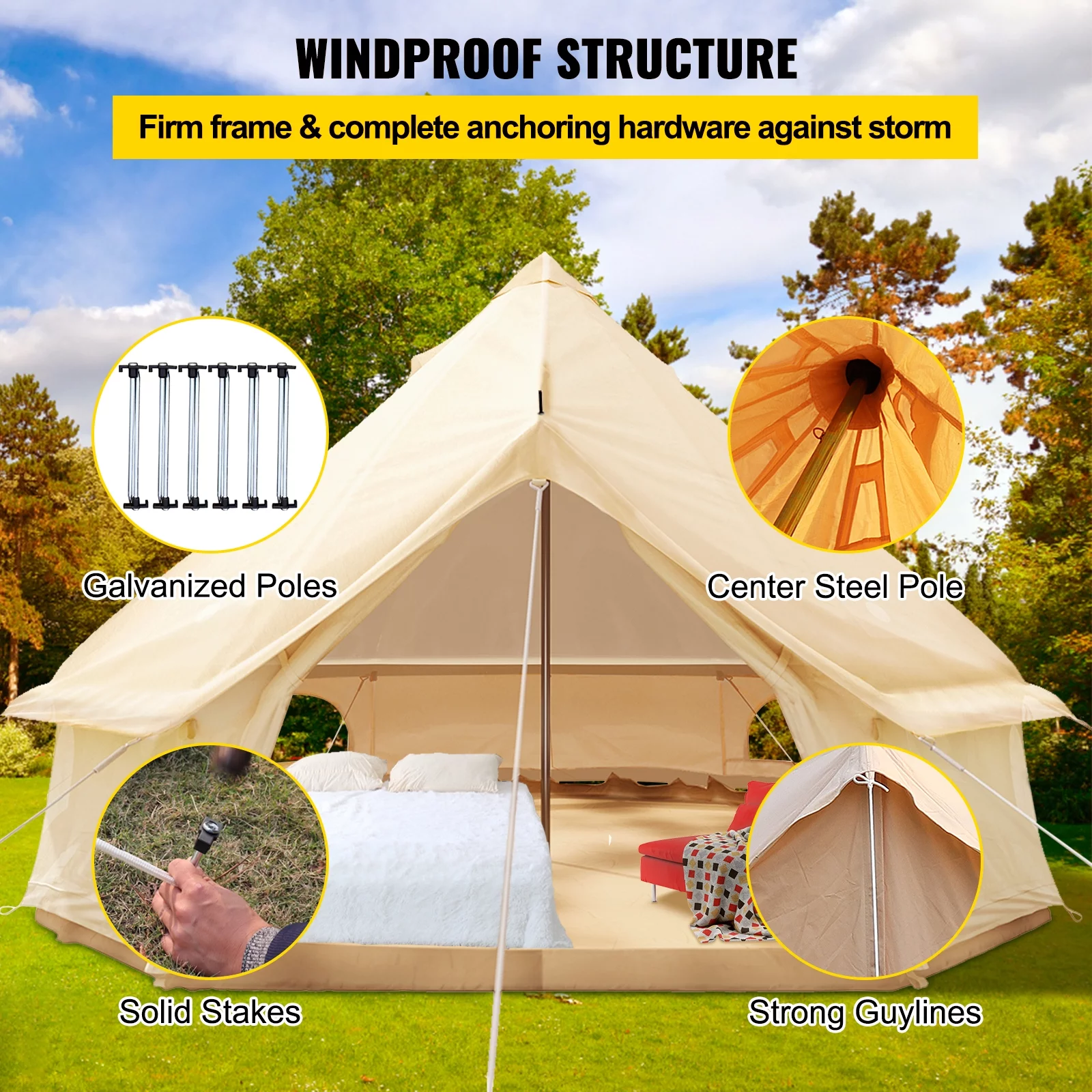 BENTISM 4-Season 8-10 People Large Waterproof Cotton Canvas Bell Tent With Stove for Camping Parties(5M Dia)