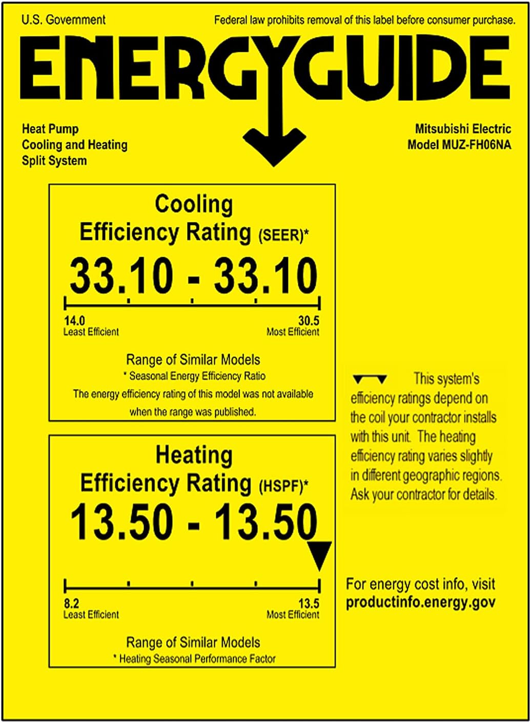 Mitsubishi 6,000 BTU Ductless Split System AC SEER 33.1 Cool & Hyper Heat Most Energy Efficient