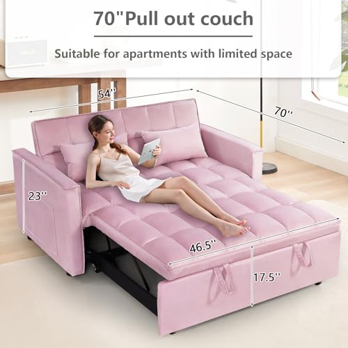 3 in 1 Convertible Sleeper Sofa Bed,Futon Loveseat Couch with Pull-Out Bed & Adjustable Backrest,Velvet Fabric Sofa with Side Pocket for Small Apartment, Living Room, Office (Black)