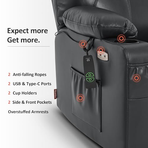 MCombo Power Lift Recliner Chair for Elderly, Lift Chair with Heat and Massage, FSC Certified, USB Ports, Cup Holders, Faux Leather 7040 (Black, Medium)