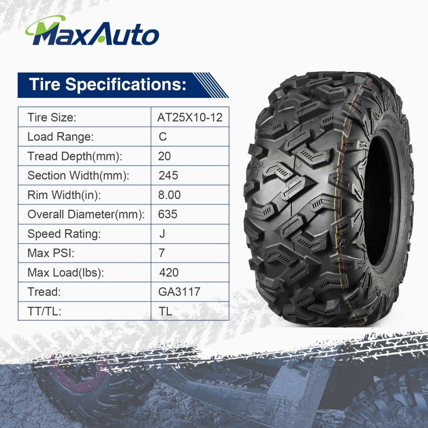 MaxAuto 25x8-12 25x10-12 ATV Tires Set of 4,6PR,Tubeless,0.8" Tread Depth,25x8x12 and 25x10x12 All Terrain Tires