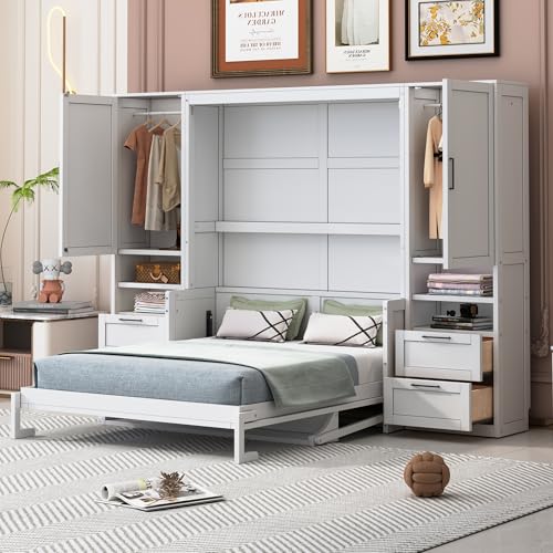 Merax Queen Size Murphy Bed with Desk, Space-Saving Wall Bed Frame with Closet, Drawers and Shelves, Foldable Platform Bed for Small Spaces Studio Study Office Guest Room, Gray
