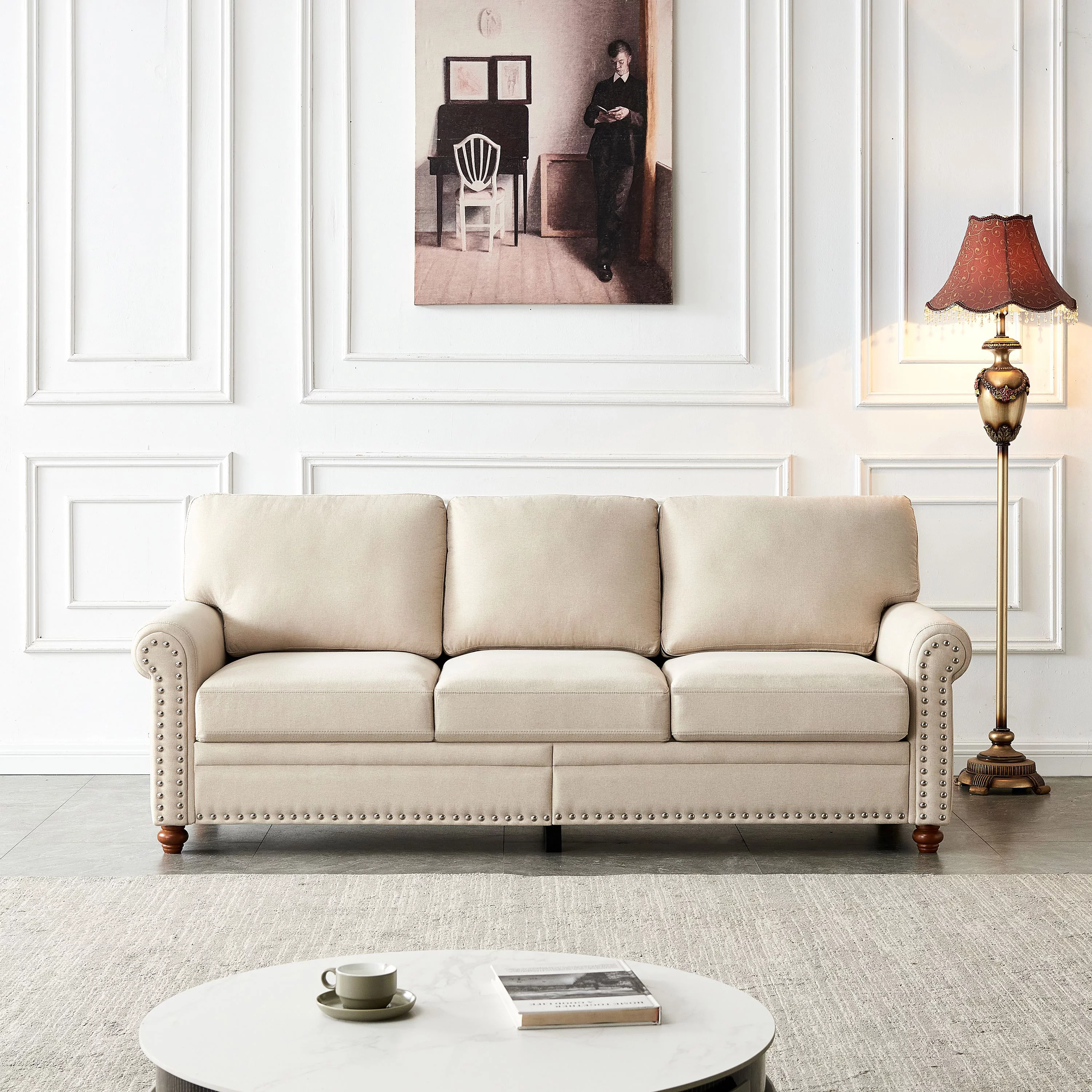 Modern 3 Seater Upholstered Sofa, 100% Polyester Soft Couch with Storage Removable Cushions Solid Wood Legs and Nailhead Trim for Living Room Bedroom Office