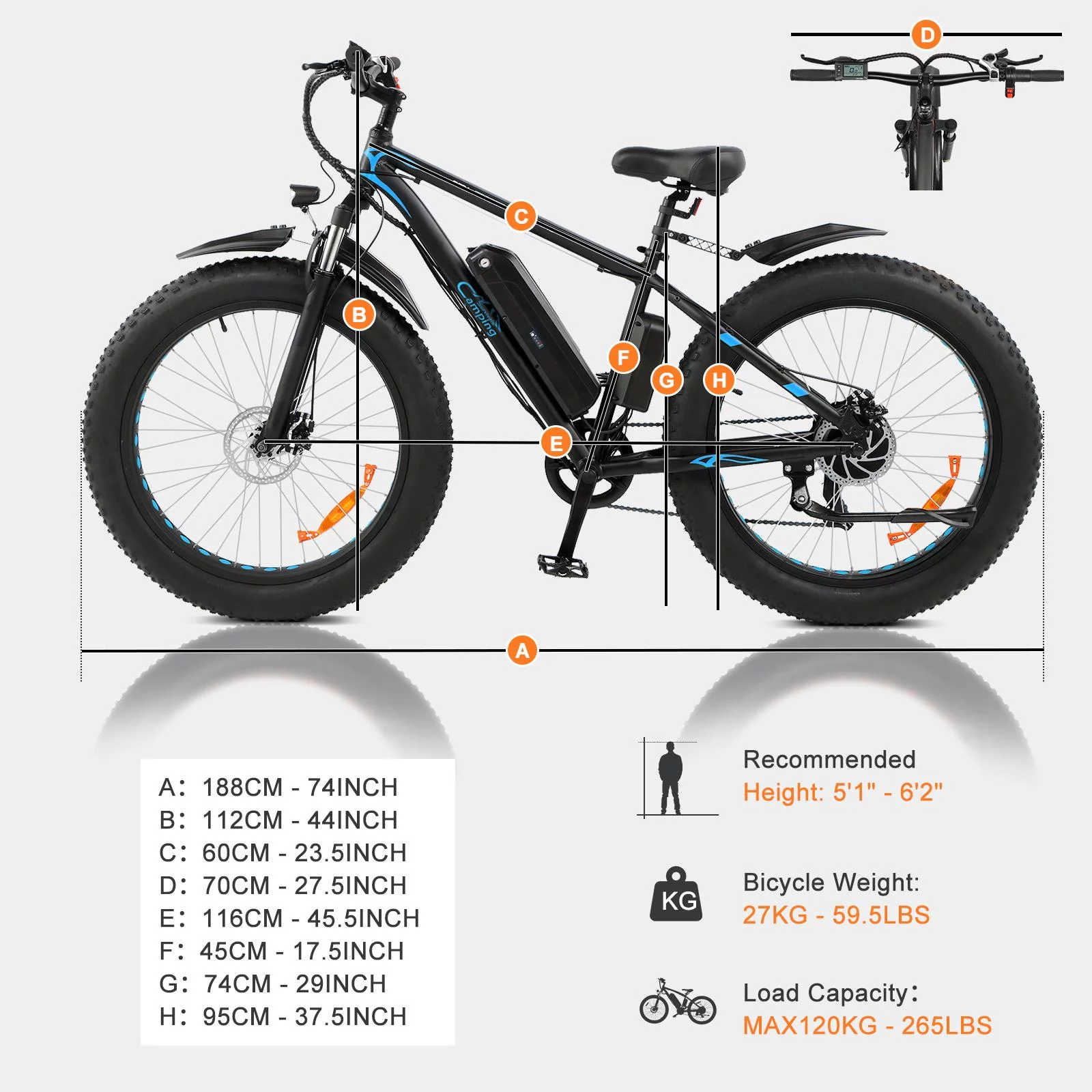 CamPingSurvivals 26 inch Electric Mountain Bicycle, 7-Speed Adult Ebike with 500W 48V 10Ah for Snow, Beach