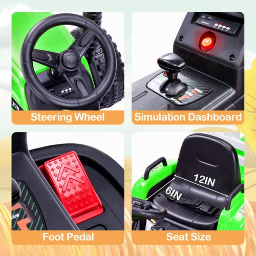 Kids Ride on Tractor with Remote Control, 12V Battery Powered Electric Tractor for Kids Bluetooth Music/USB, 3-Gear-Shift, Safety Belt, 25W Dual Motors, 7-LED Lights