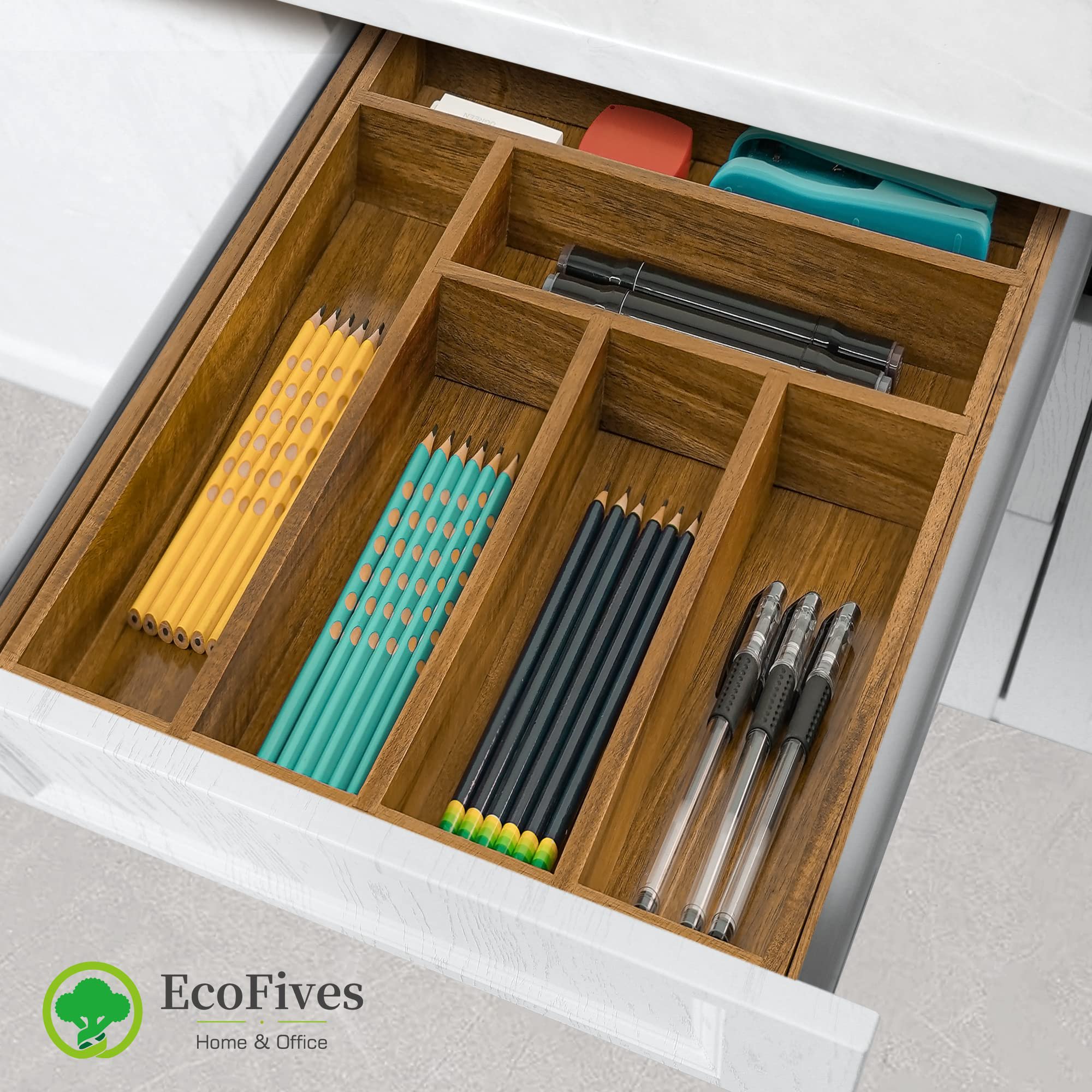Acacia Cutlery Tray Organizer, Adjustable Kitchen Drawer Divider for Flatware, 8 Compartment Utensil Holder, Fits Standard Drawers, Multipurpose Storage, Brown