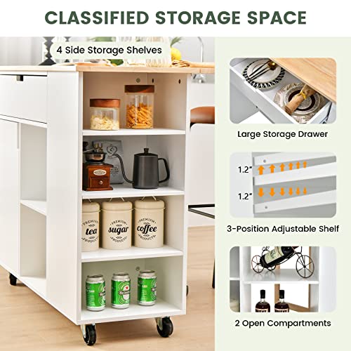 LOKO Kitchen Island with Drop Leaf, Rolling Kitchen Storage Cart with Drawer, Cabinet, 6 Open Shelves, Spice Rack & Towel Bar, Rolling Kitchen Island with Storage & Lockable Wheels (Black)