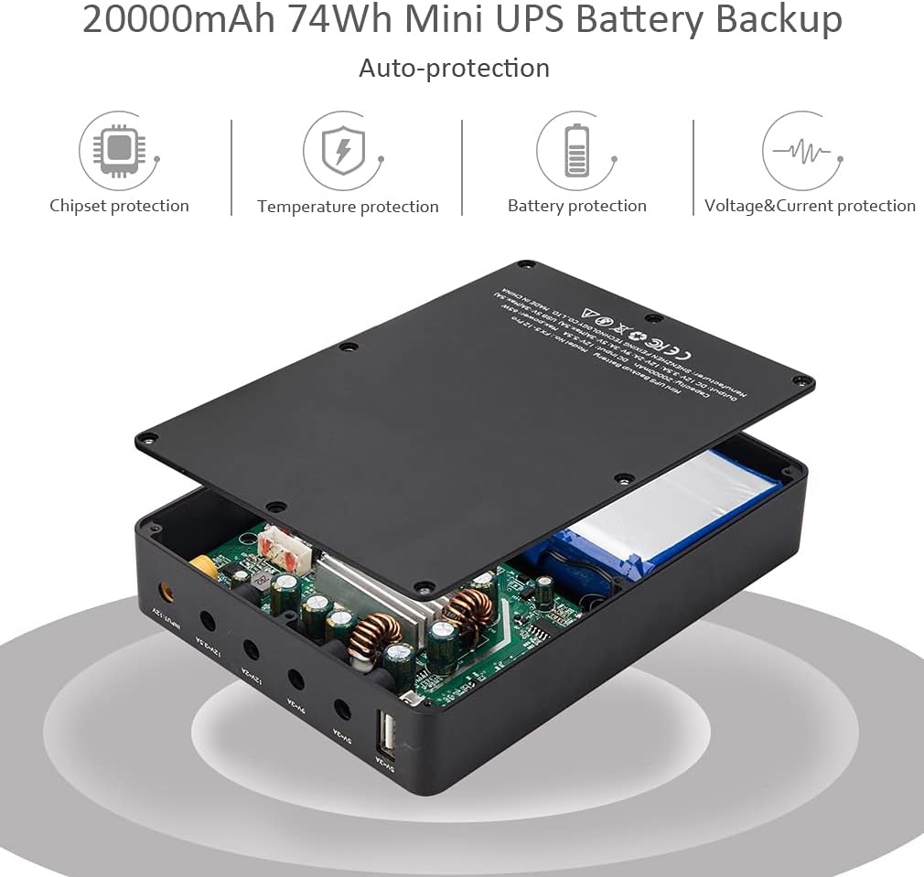 Mini UPS Battery Backup 20000mAh Uninterruptible Power Supply for Router, Modem, Security Camera with Input DC Output USB 5V DC 5V 9V 12V 3A Pack of 2