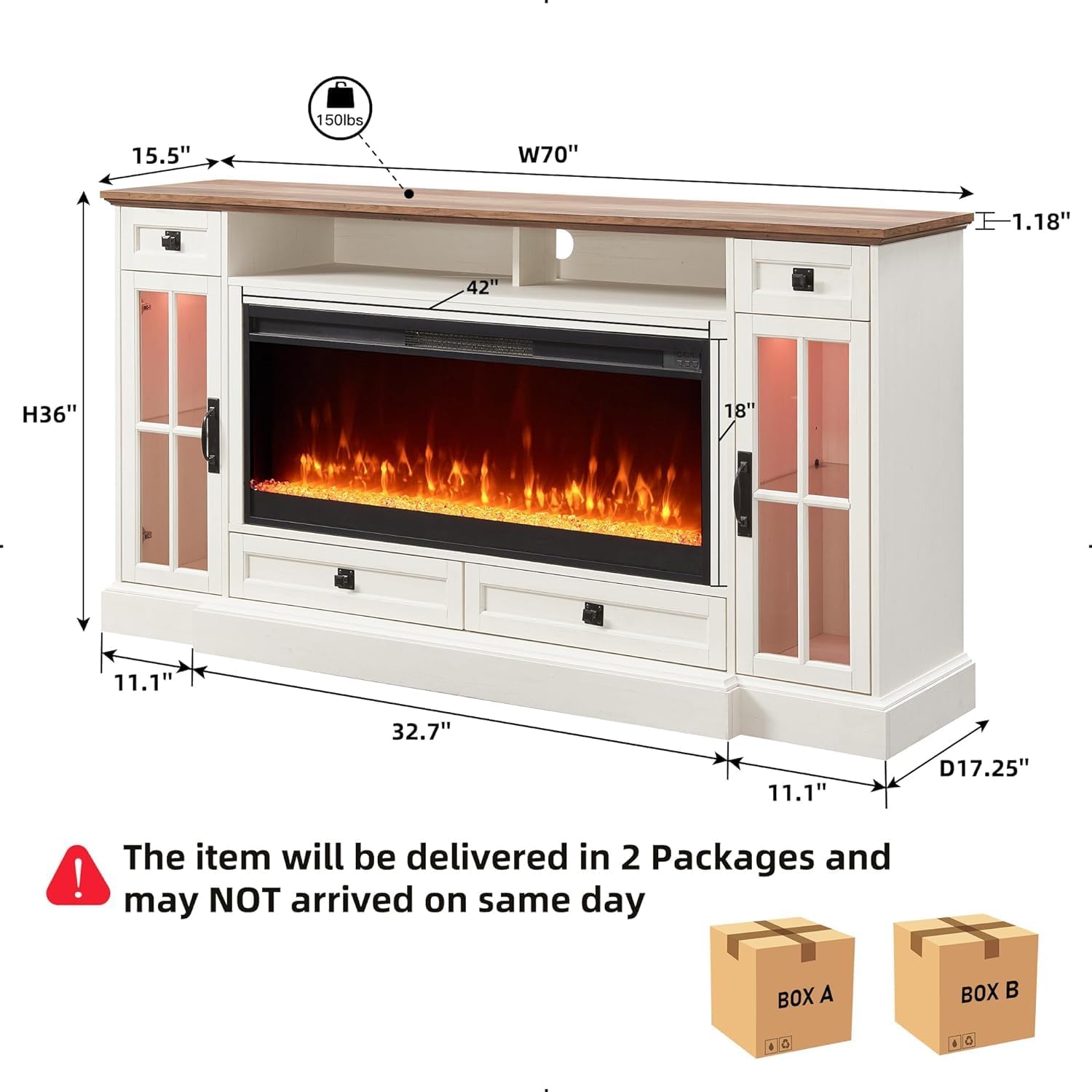 Fireplace TV Stand for 80 Inch TV, Farmhouse Entertainment Center with 42" Fireplace & LED Lights, Modern Media Console Table with Storage Drawers & Cabinets for Living Room, Antique White