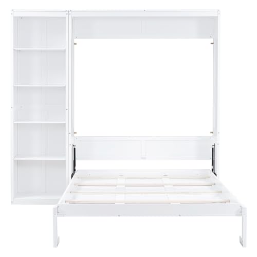 Merax Queen Size Murphy Bed Wall Bed with Storage Shelves, Multifunctional Foldable Platform Bed Frame, Fold into The Wall, Space-Saving Design Bed for Guest-Room, Home, Office, White