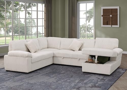 Oversized U-Shaped Sectional Sofa Couch Plush Corduroy Upholstered Modular Deep Seat Sofa&Couch Sectional W/Right Facing Chaise Lounge and 7 Toss Pillows for Home Apartment Living Room Furniture Sets