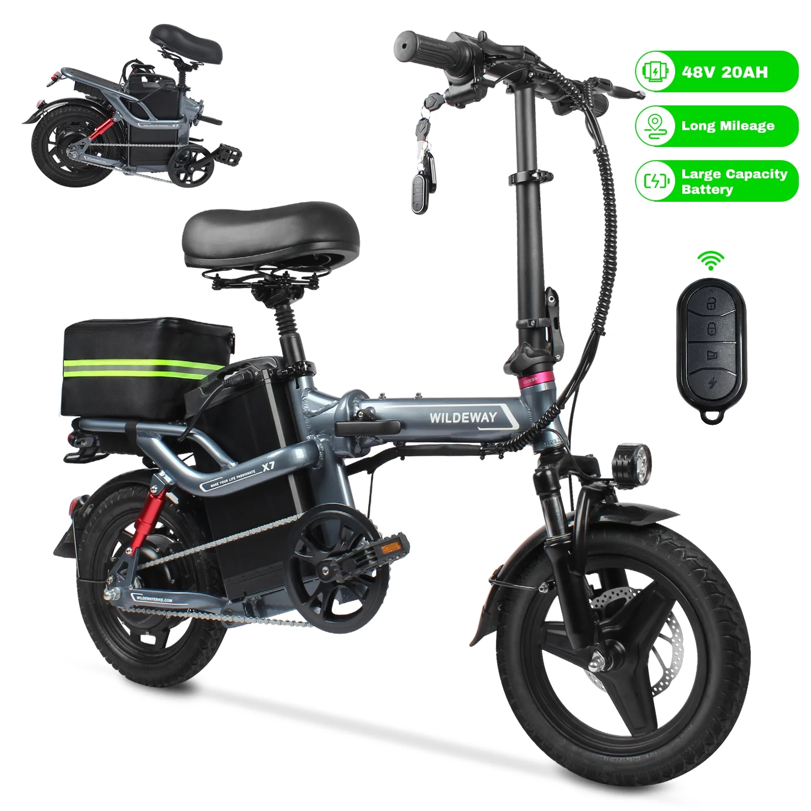 Wildeway Folding Electric Bike for Adults , 400W Motor, 48V 20AH Removable Battery, 14”Tire?City Commuter Ebike - Curated Treasures Market