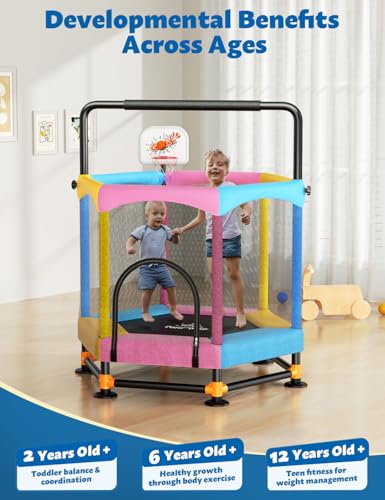60" Trampoline for Kids, Twinkoo 5FT Fortified Toddler Trampolines with Anti-Rollover Bottom, Indoor/Outdoor Toddler Trampoline with Safety Enclosure, Adjustable Gymnastics Bars, Basketball Hoop