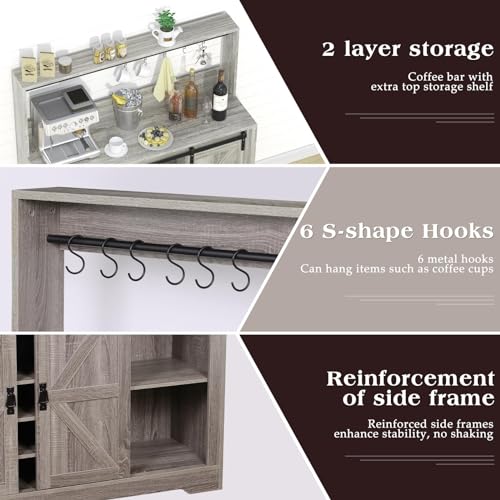 Coffee Bar Cabinet with Storage,47" Farmhouse Kitchen Buffet Sideboard with Sliding Barn Door and Adjustable Shelves,Liquor Cabinet Bar for Home,Dining Living Room(Grey)