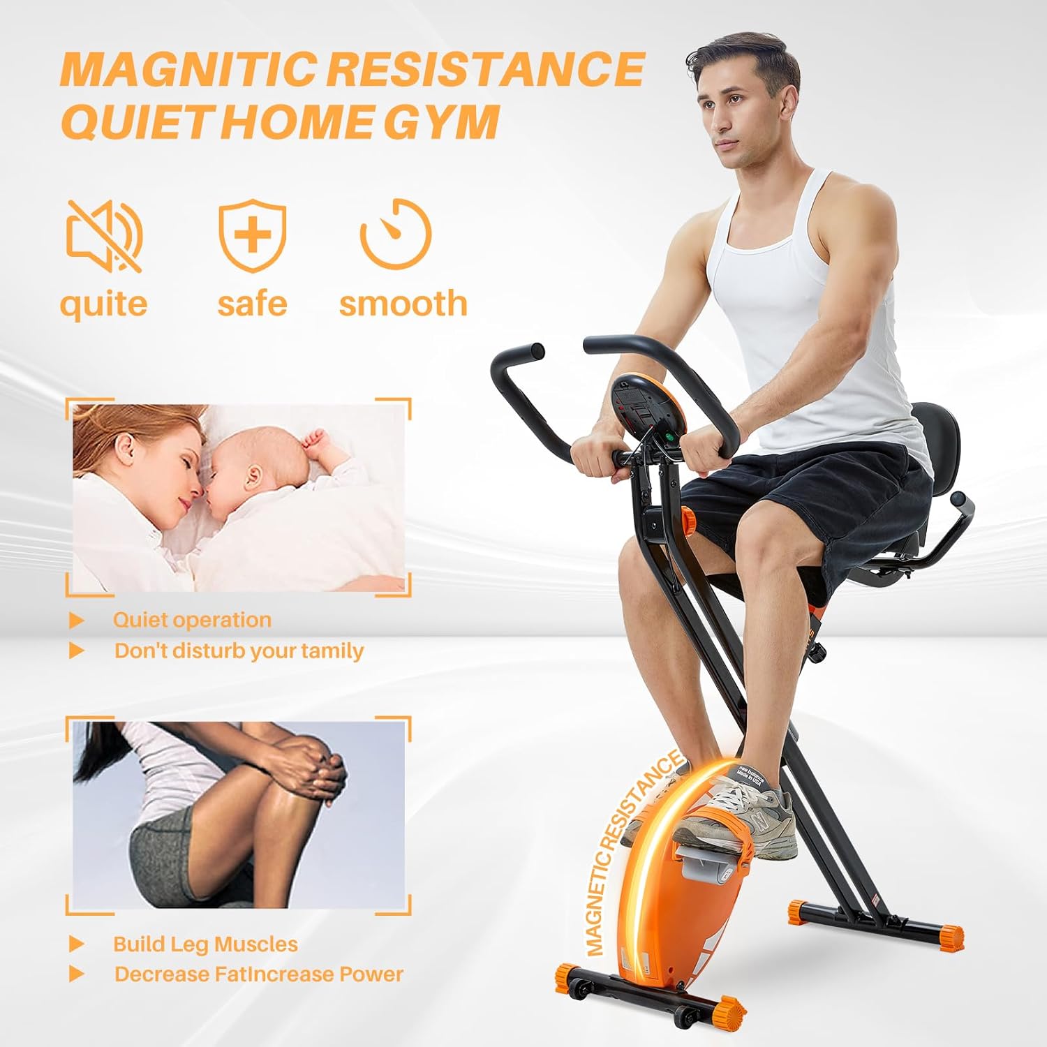 FULLFIT Folding Exercise Bike, Foldable Fitness Stationary Bike Machine, Upright Indoor Cycling Bike, Magnetic X-Bike Adjustable Resistance, Bottle Holder & Back Support Cushion for Home Gym