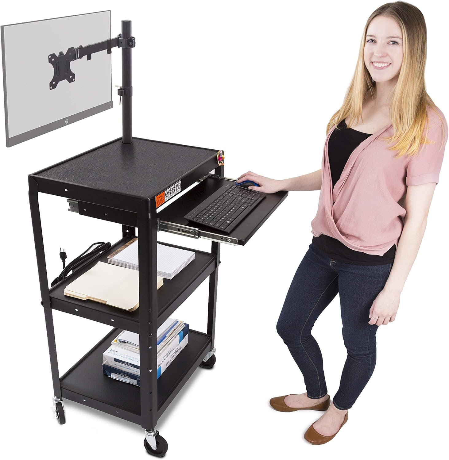 Line Leader AV Cart with Keyboard Tray and Monitor Mount - Mobile Workstation/Presentation Cart with Monitor Arm - Take Your Office On-The-Go with Our Stand Up Computer Cart (Black / 24 x 18)