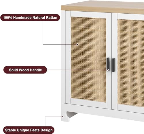 IDEALHOUSE Buffet Cabinet, Rattan Storage Cabinet with 4 Doors and Shelf, Sideboard Buffet Cabinet with Storage, Accent Cabinet Console for Dining Room, Living Room, Hallway (White)
