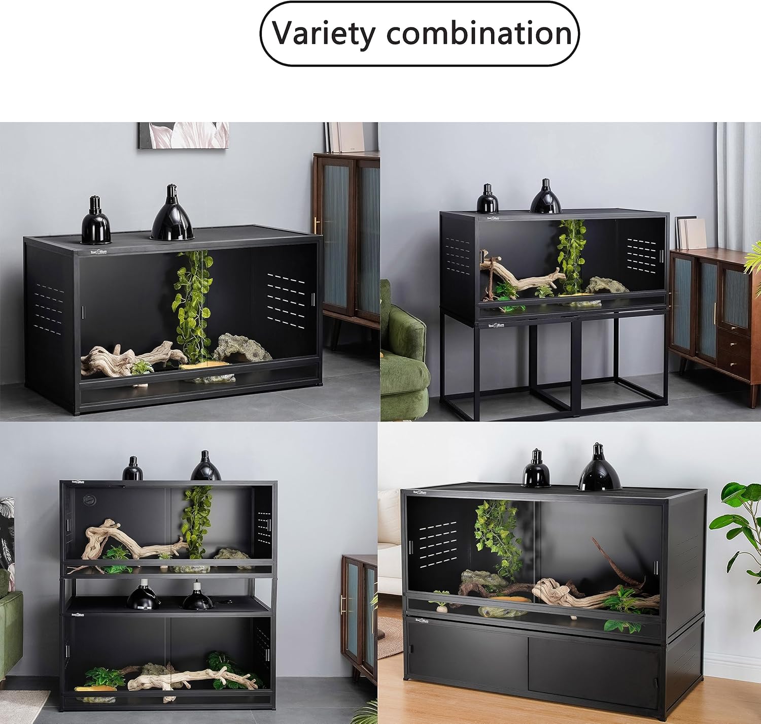 PVC Reptile Enclosure 48"x24"x24"Reptile Terrarium 120 Gallon Large Tank for Bearded Dragon Lizard Snake, Wide Breeding Lounge Vivarium Area with Sliding Tempered Glass Doors Lock (2pcs-Black Panels)