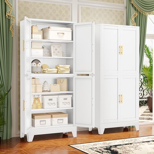 75.2" Tall Metal Pantry Cabinet, Storage Cabinets with 4 Door and 4 Adjustable Shelves, Black Kitchen Pantry Storage Cabinet, Freestanding Cupboard for Kitchen Dining Room Living Room Bathroom