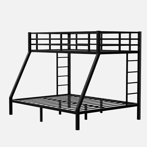 Full XL Over Queen Metal Bunk Bed, Heavy Duty Metal Bunk Beds Frame with 2 Ladder for Kids Adults, No Box Spring Needed/Space-Saving/Noise-Free, Black (Full XL Over Queen)