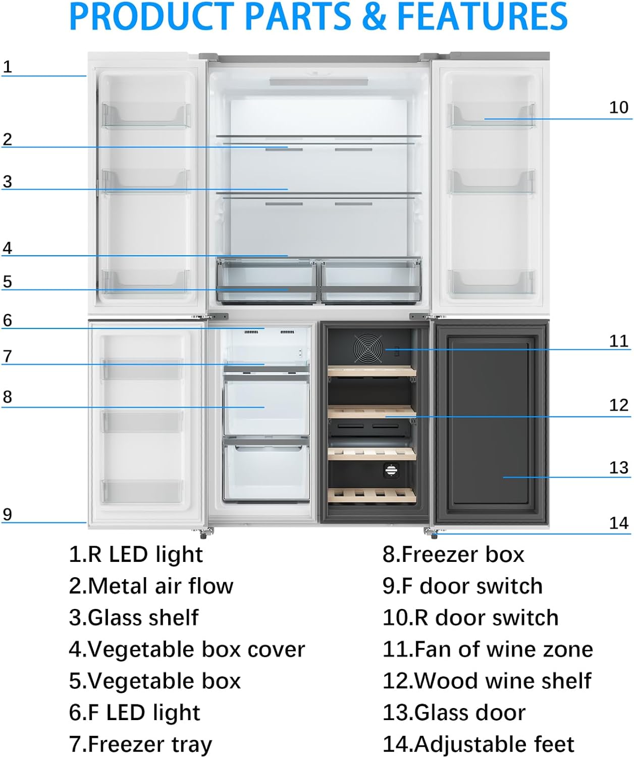 36 Inch Large Capacity French Door Refrigerator, 21 cu.ft Refrigerator with 4 Doors & Wine Cabinet, Dual Ice Maker, Adjustable Glass Shelves