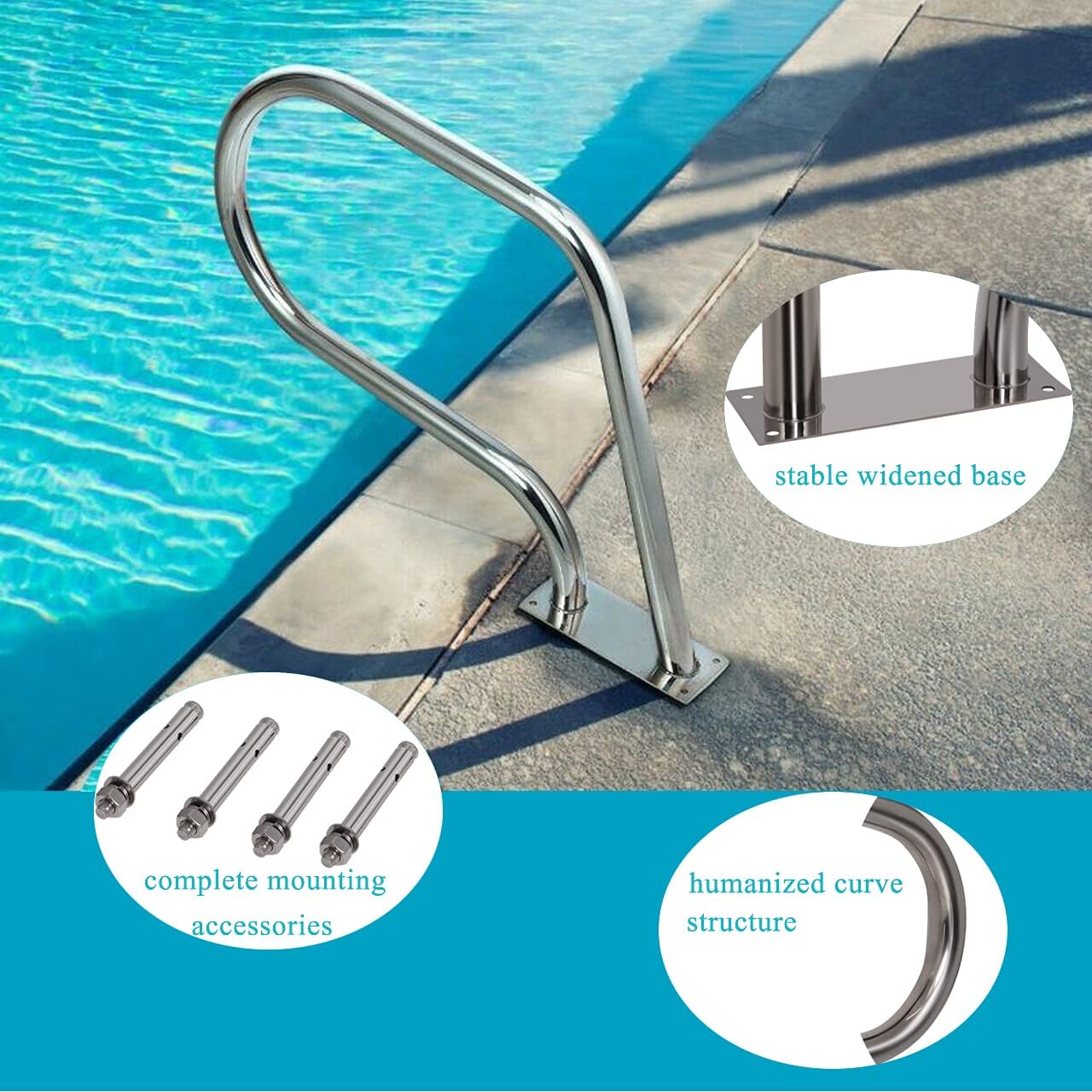 Swimming Pool Hand Rail for Inground Swimming Pools Easy Mount Hand Grab Rail, Stainless Steel Swimming Pool Stair Rail w/Base Plate 30.5×22.5 Swimming Pool Rails